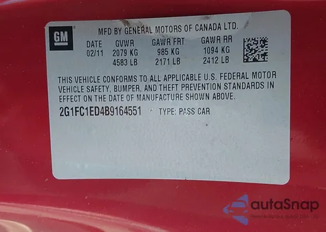 2011 Chevrolet Camaro 2Lt from USA, damaged, VIN 2G1FC1ED4B9164551